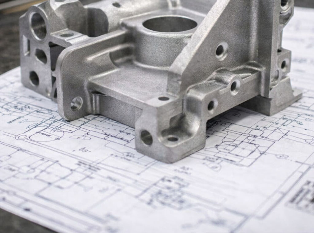 Aluminum casting ontop of a blueprint